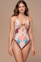 Multicolor beaded one piece with adjustable side ties