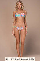 Beaded bikini bottom with thick sides and medium coverage in multicolor print