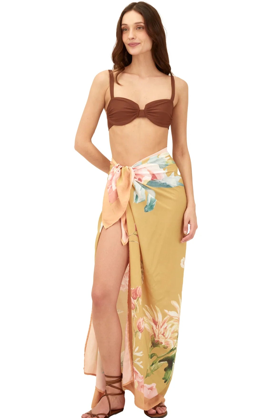 Long, colorful, tasseled sarong in floral print