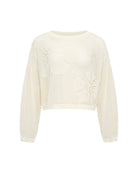 Open knit crochet cotton sweater with hibiscus print