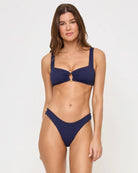 Ring front bikini top with wide straps and textured fabric in Midnight Blue