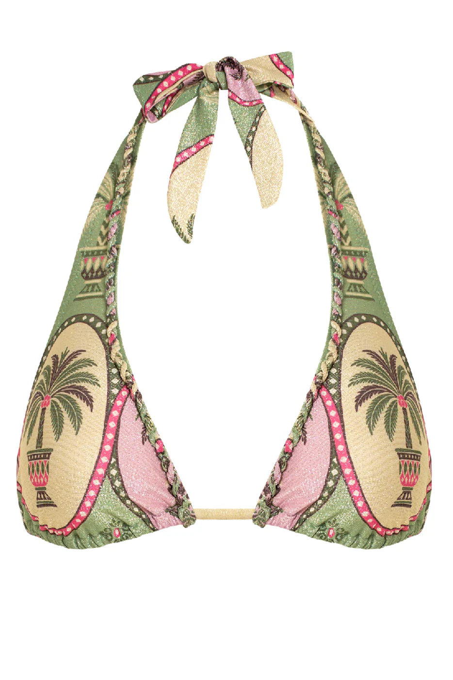 Palm tree print adjustable triangle top with metallic specks 