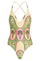 Shimmery palm print one piece with plunging neckline
