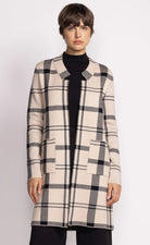 Long beige open cardigan in black plaid