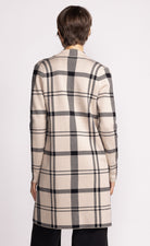 Long beige open cardigan in black plaid