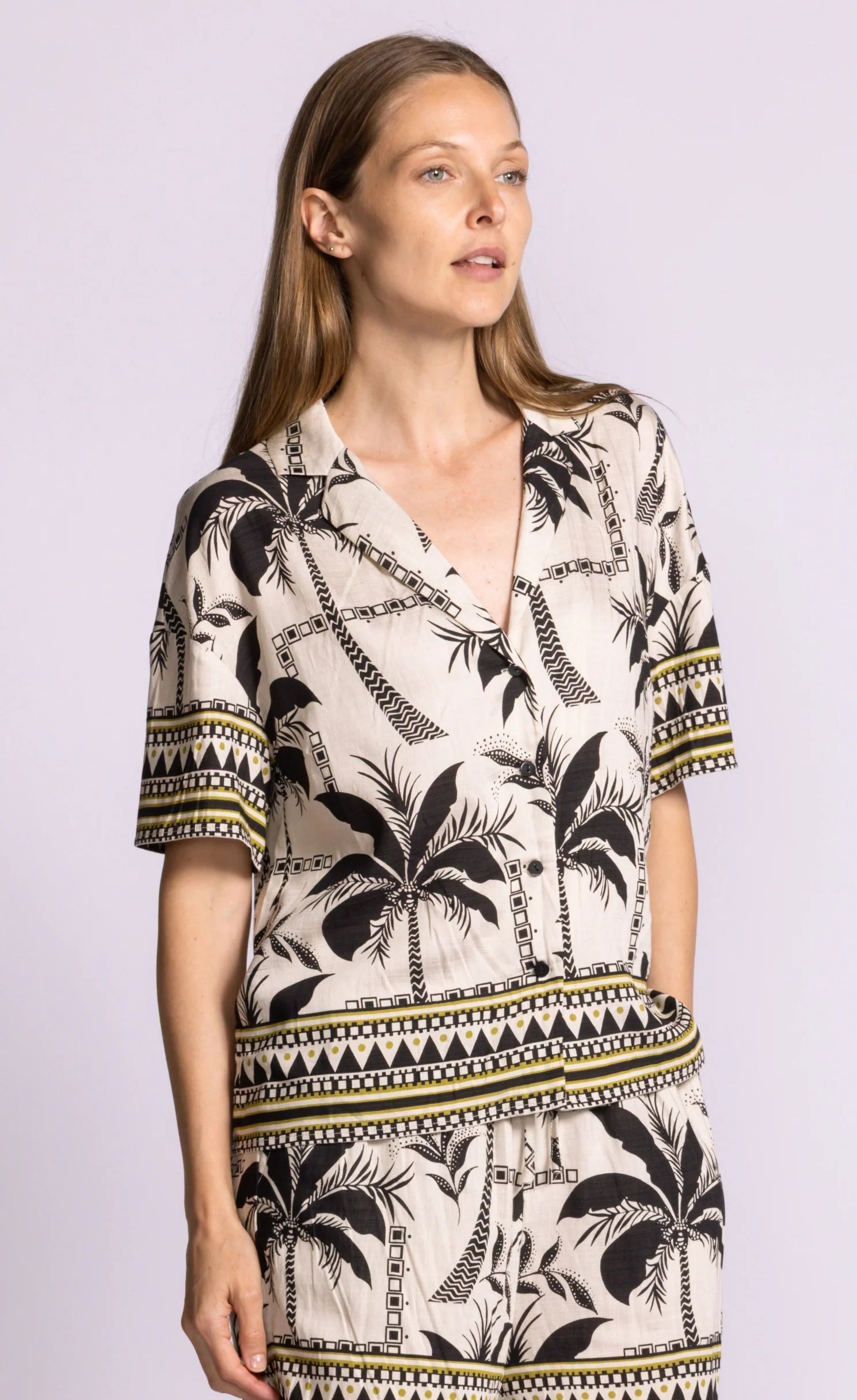 Collared button down shirt in palm tree print 