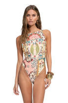 High neck rhinestone embellished one piece in multicolor print