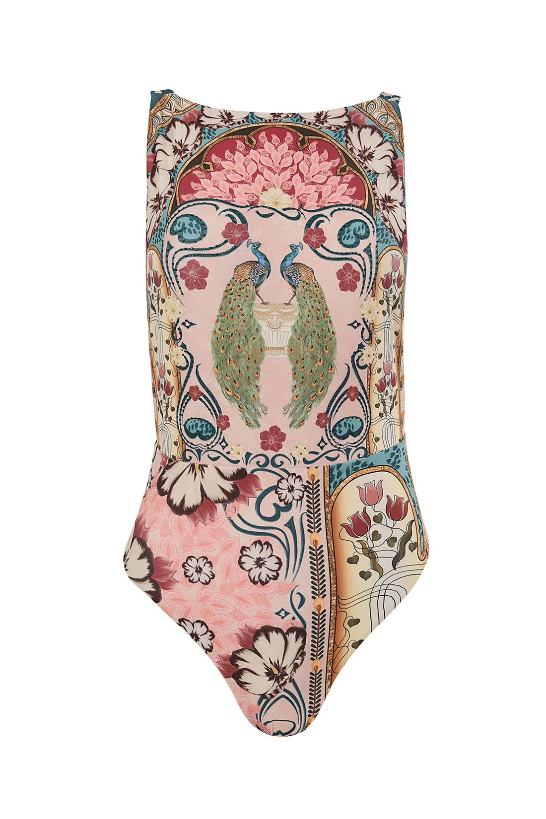 High neck rhinestone embellished one piece in multicolor print