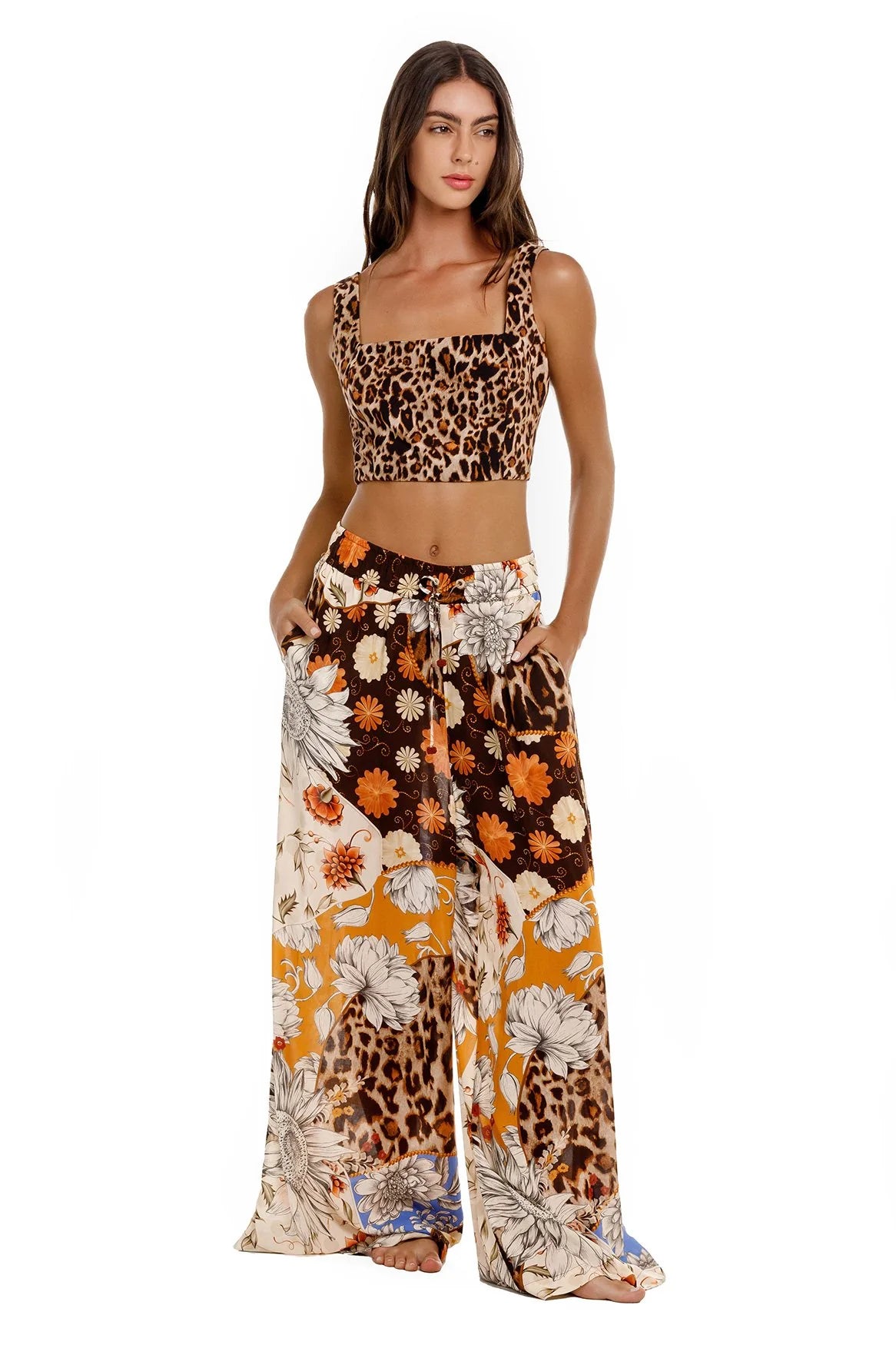 Wide leg pants with elastic waist and drawstring. 