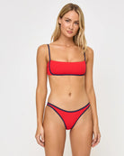 Bandeau style ribbed top with adjustable straps in red with dark blue blocking