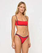 Bandeau style ribbed top with adjustable straps in red with dark blue blocking