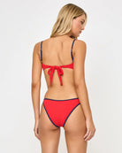 Bandeau style ribbed top with adjustable straps in red with dark blue blocking