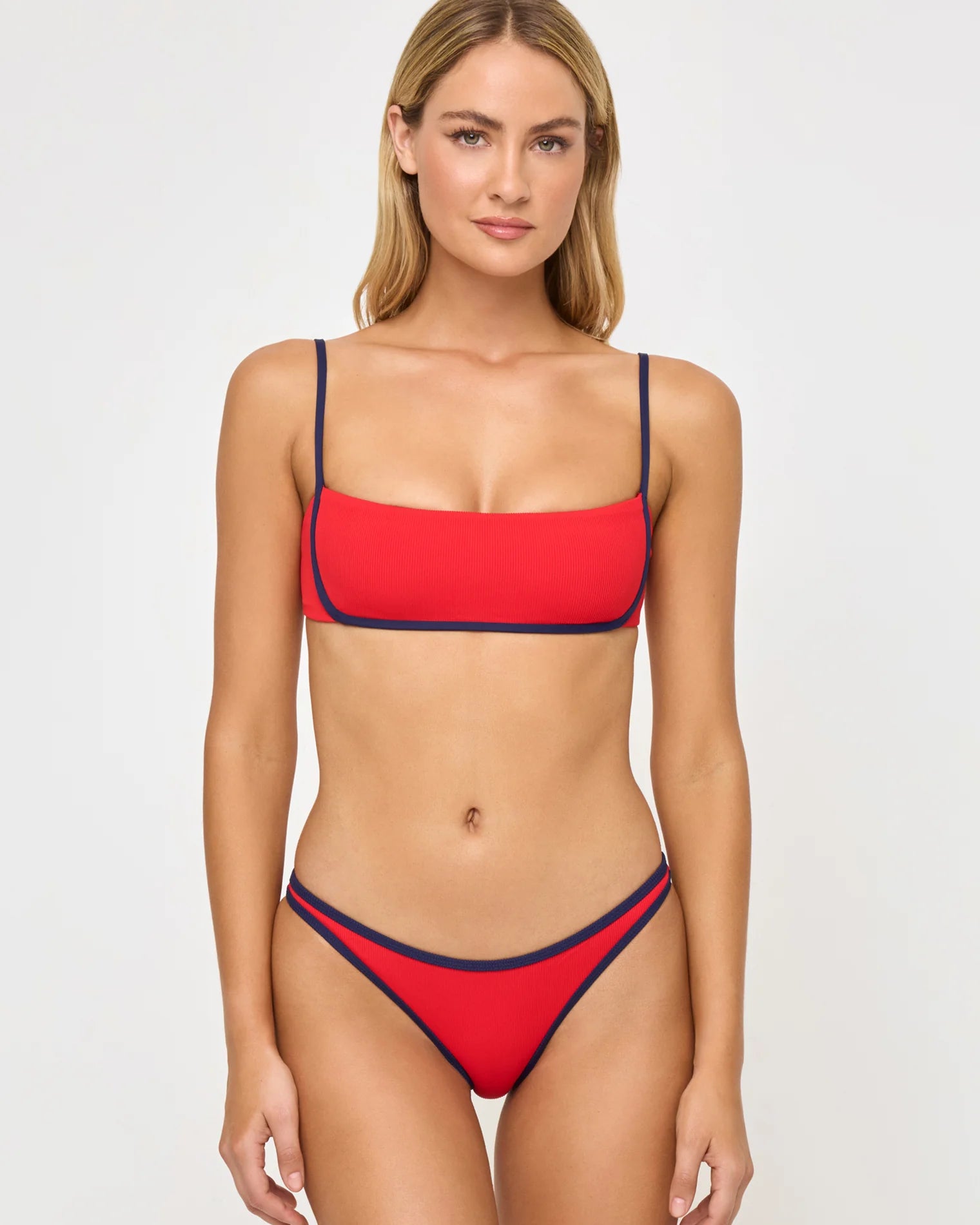 Ribbed red bottom with dark blue bordering and a amid rise fit