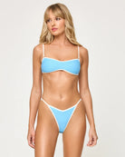 Ribbed bandeau with removable straps in light blue with white blocking