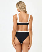 Ribbed black high waist bikini bottom with white trim