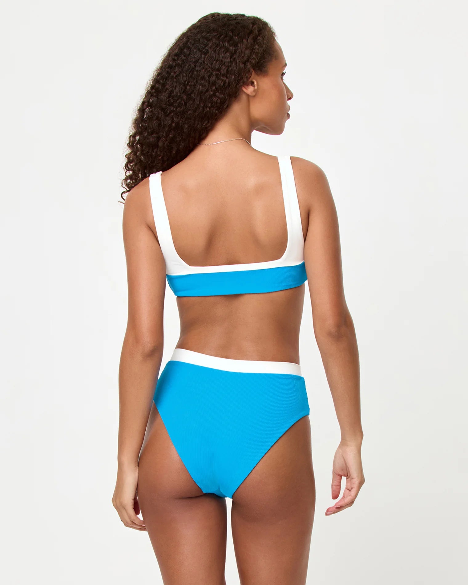 High waist ribbed bikini bottom in electric blue with cream trim