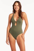 Dark Green Keyhole Halter One Piece 