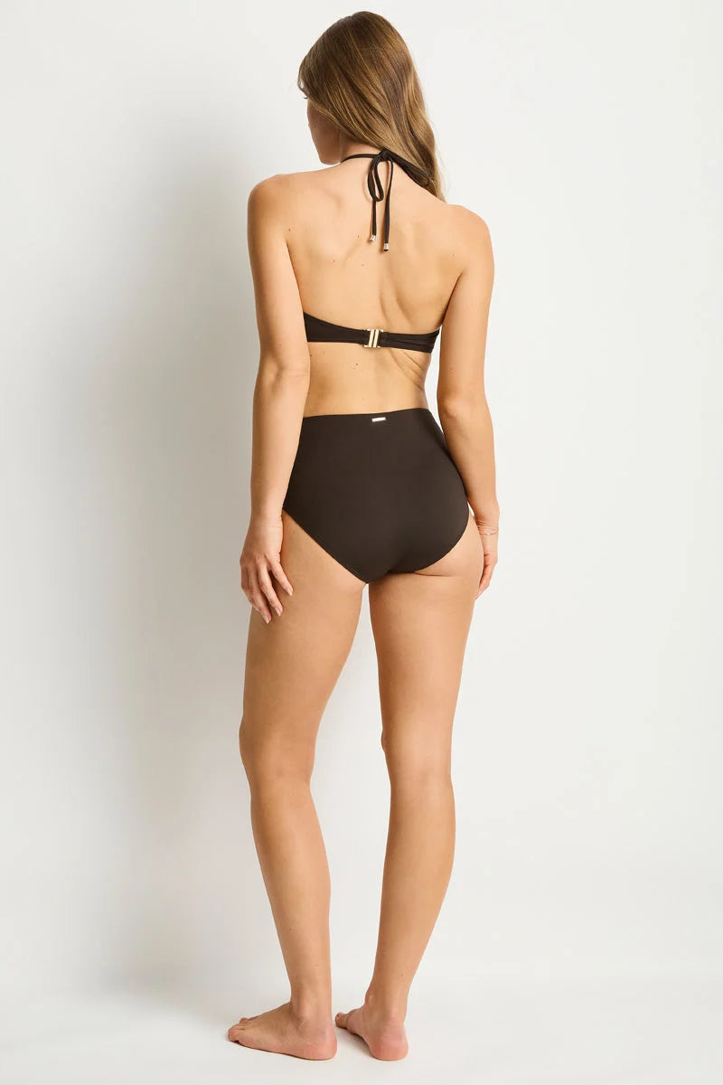 Brown bandeau bikini top with gold u bar and beads