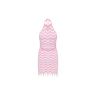 High neck knit mini dress with a halter tie and decorative beads and shells in pink and white.