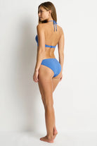 Halter bikini top with decorative rings and removable cups in light blue