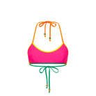 Pink scooped neck top with a halter tie and orange, green, and yellow blocking