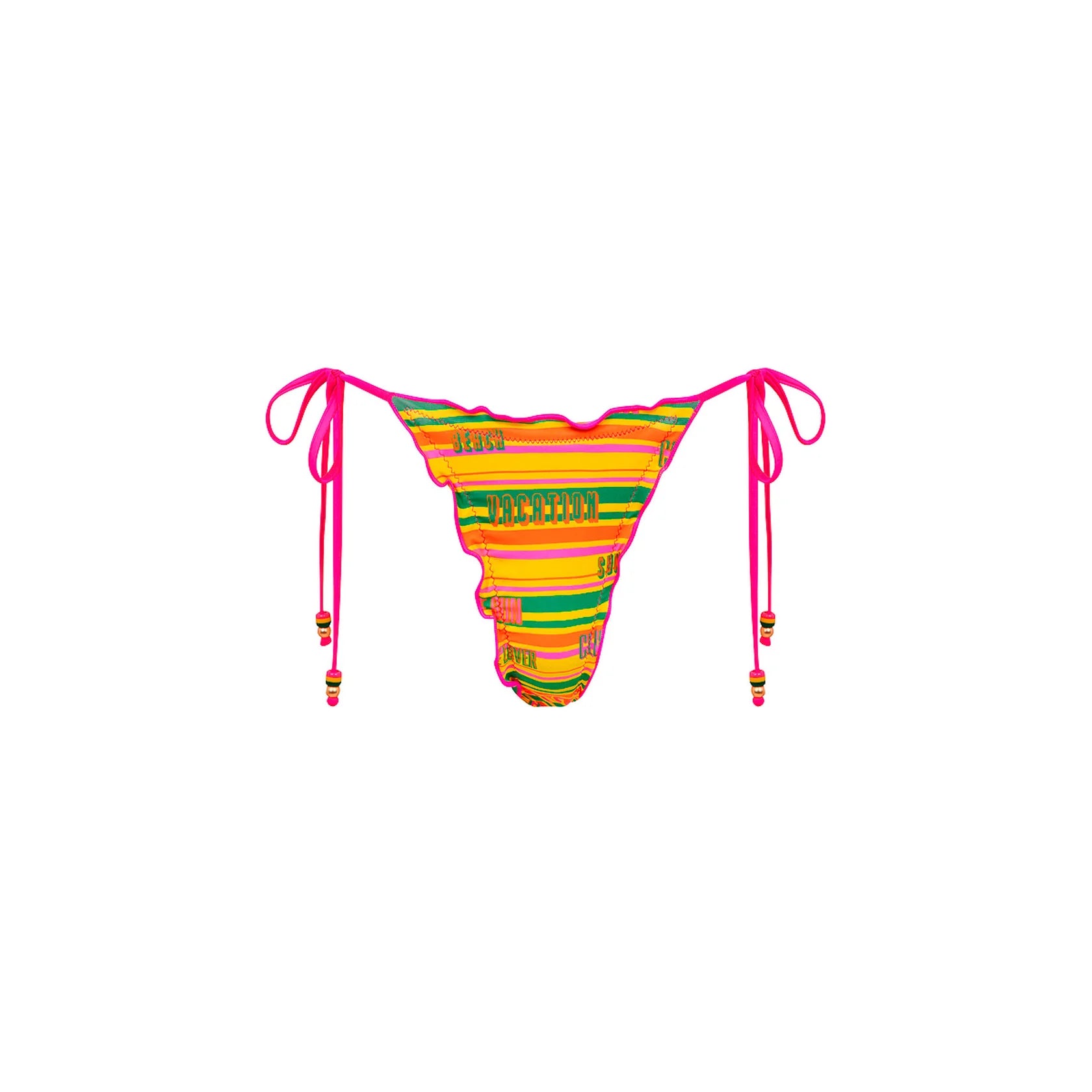 Multicolor bottom with ruffled edges, pink beaded tie sides and minimal coverage