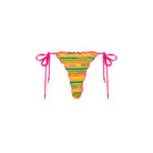 Multicolor bottom with ruffled edges, pink beaded tie sides and minimal coverage
