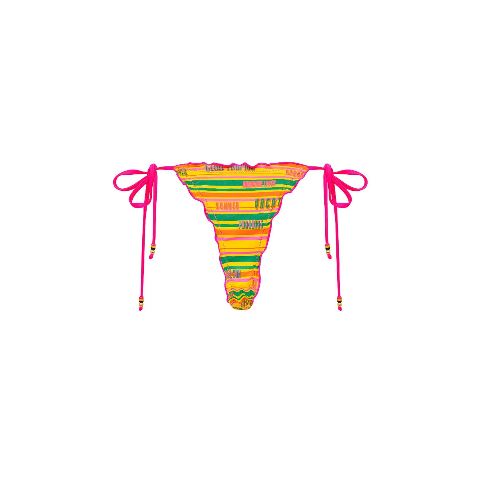 Multicolor bottom with ruffled edges, pink beaded tie sides and minimal coverage