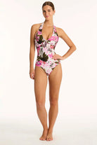 Colorful floral print halter one piece with powermesh support
