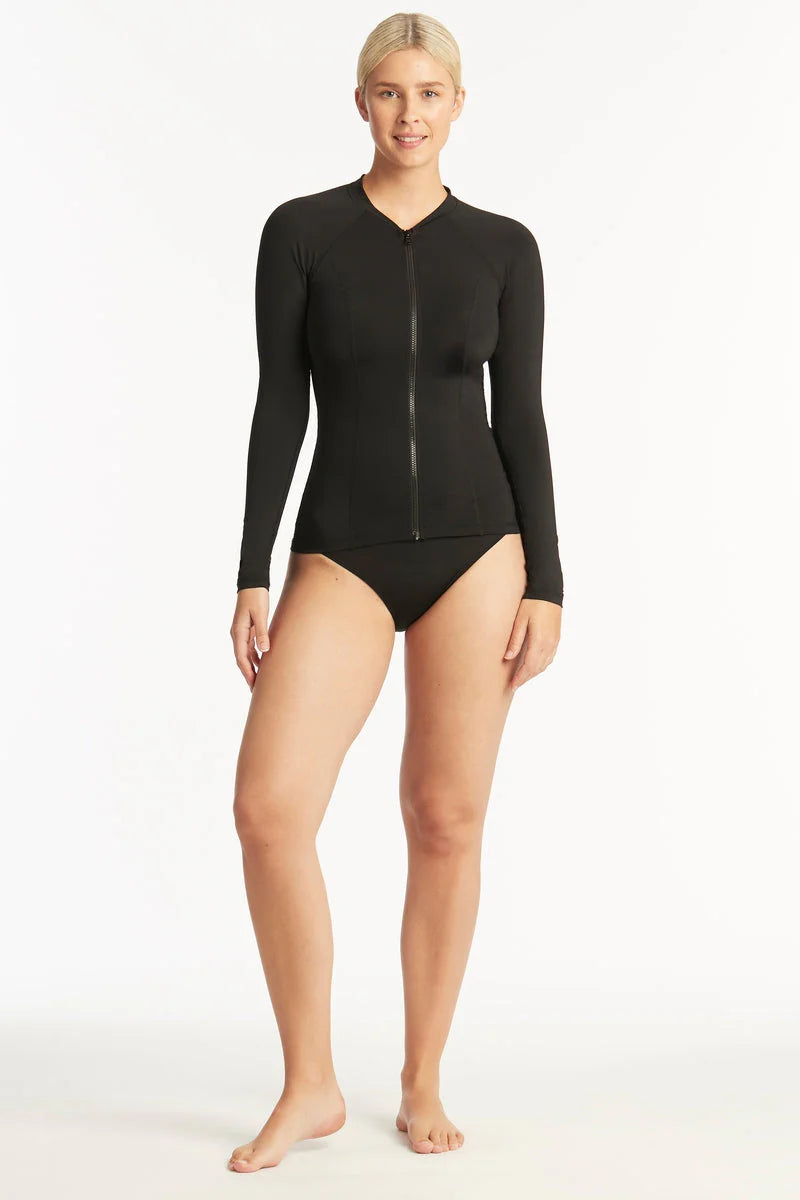 Long sleeve black tankini top with front zipper