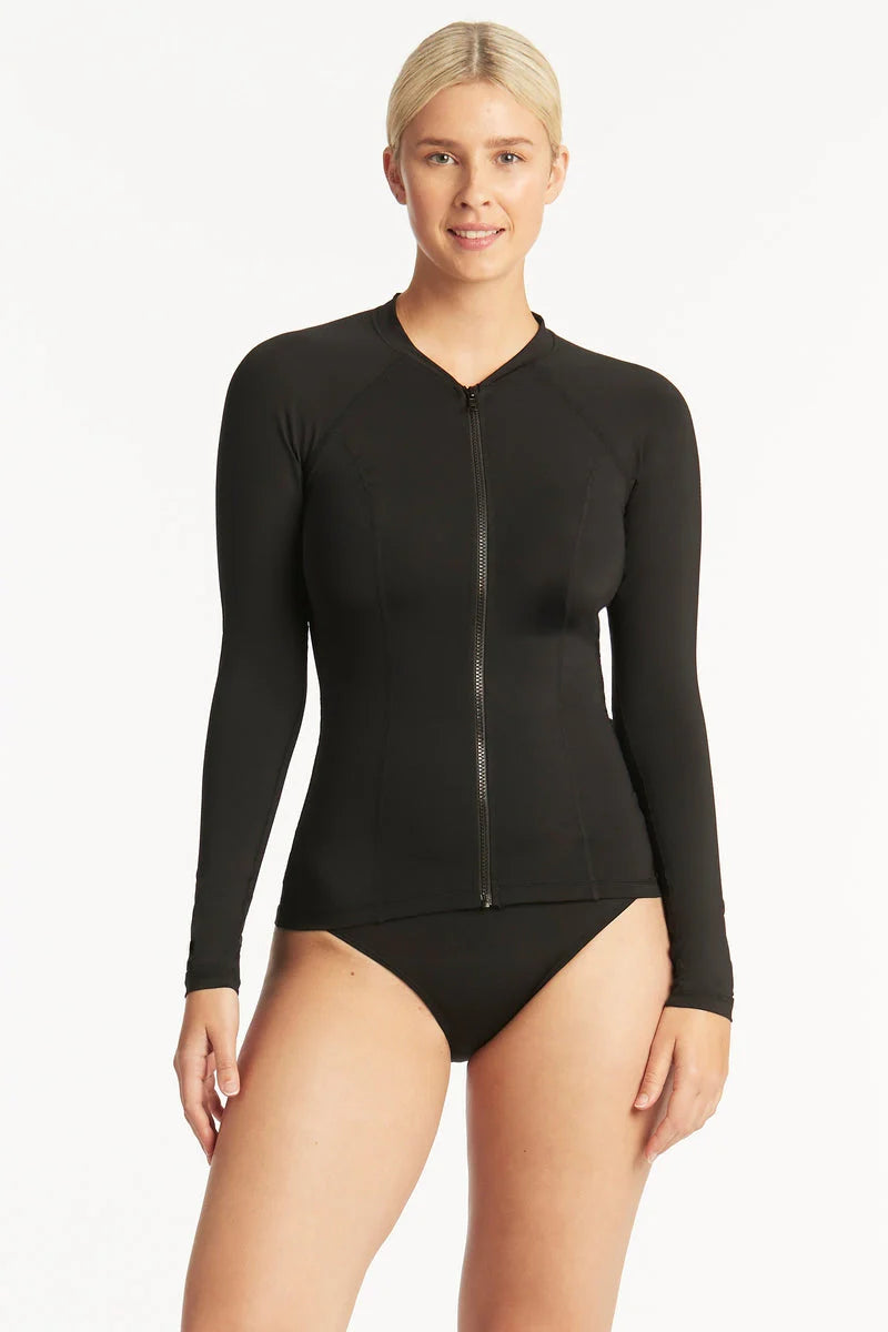 Long sleeve black tankini top with front zipper