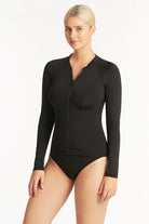 Long sleeve black tankini top with front zipper