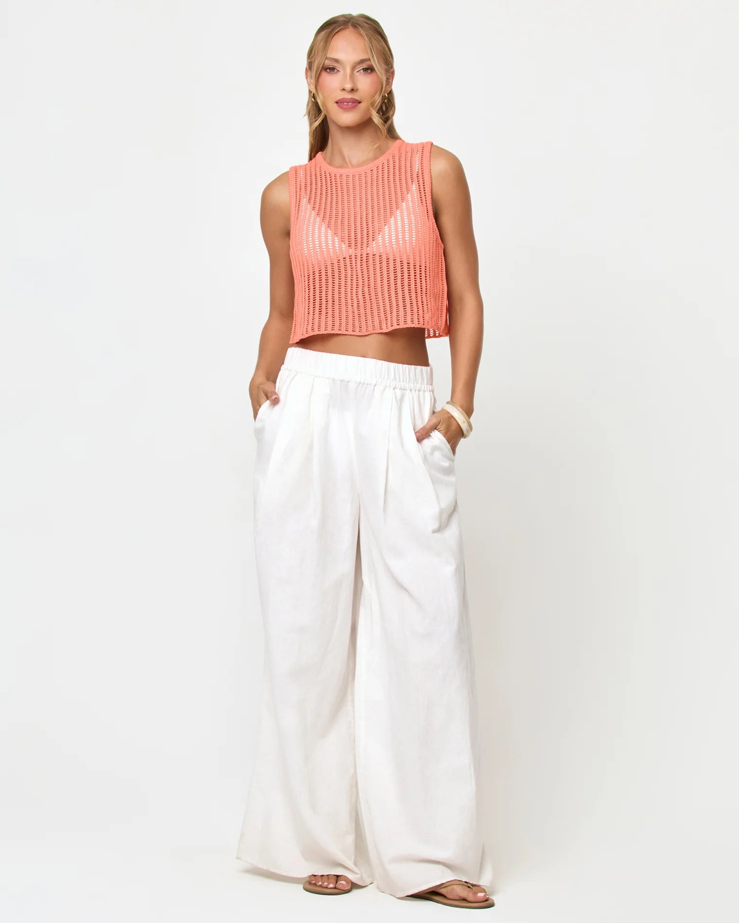 Cropped crochet cotton tank top in orange