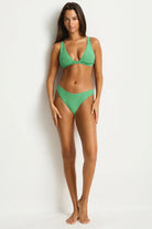 Modest coverage bikini bottom with ribbed fabric in green