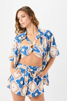 Belted high waist short with colorful Spanish tile print