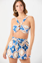 Belted high waist short with colorful Spanish tile print