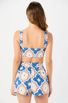 Belted high waist short with colorful Spanish tile print