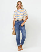 Cropped crochet cotton top with scalloped  hem in multicolor striped print