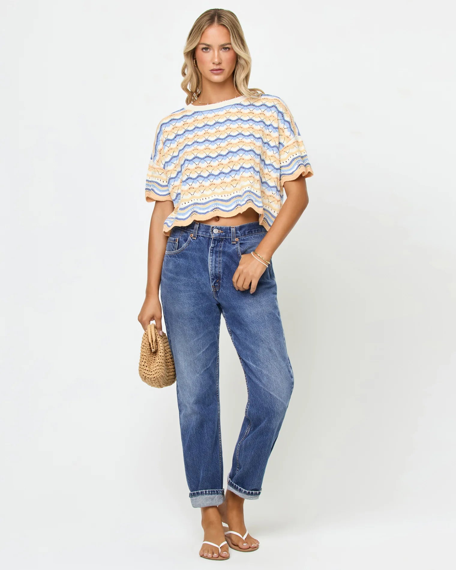 Cropped crochet cotton top with scalloped  hem in multicolor striped print