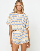 Cropped crochet cotton top with scalloped  hem in multicolor striped print