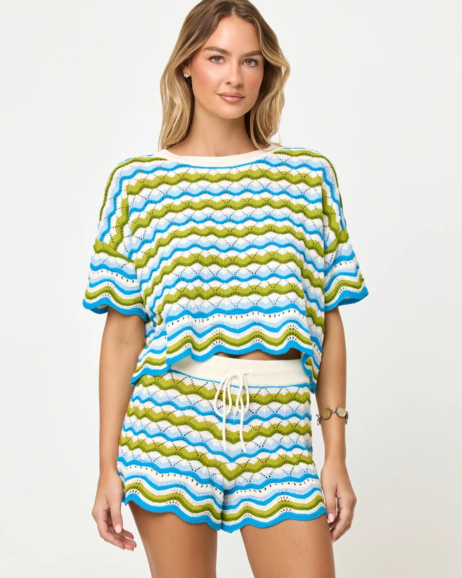 Cotton crochet knit shorts in colorful stripes
