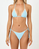 Light blue tie side bikini bottom with crochet trim