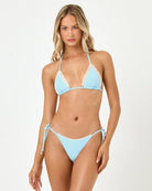 Light blue tie side bikini bottom with crochet trim