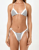 Tie side bikini bottom in white with black stripes