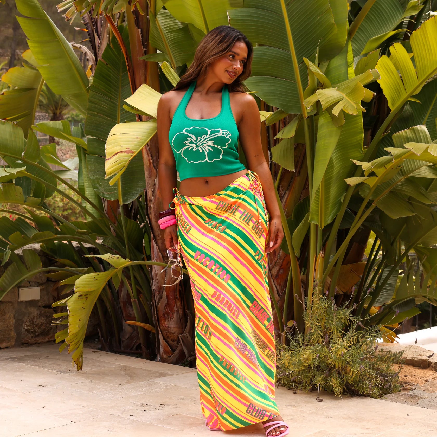 Long satin skirt with tie sides in bright multicolor print