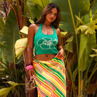 Long satin skirt with tie sides in bright multicolor print