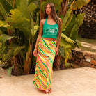 Long satin skirt with tie sides in bright multicolor print