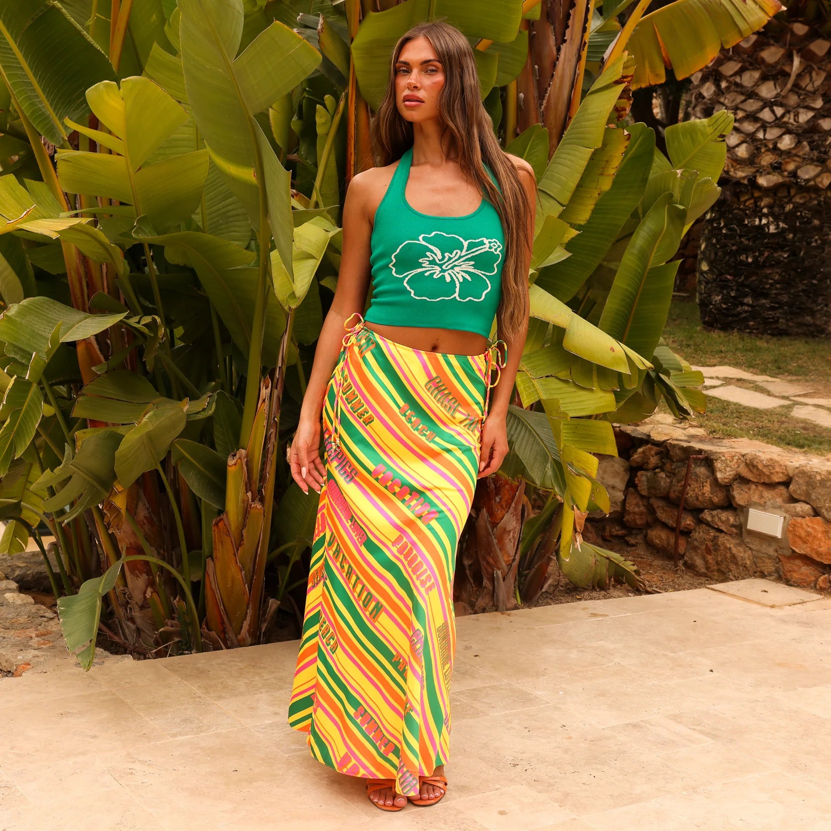 Long satin skirt with tie sides in bright multicolor print