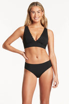 Plunging V-neck top with scalloped edging in black