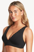 Plunging V-neck top with scalloped edging in black